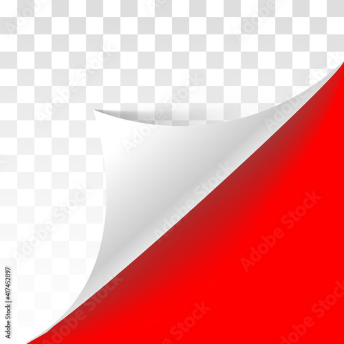 Page curl with shadow on blank sheet of paper. White paper sticker. Element for advertising and promotional message isolated on transparent background. Vector illustration for your design and business