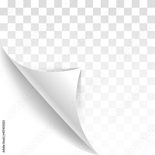 Page curl with shadow on blank sheet of paper. White paper sticker. Element for advertising and promotional message isolated on transparent background. Vector illustration for your design and business