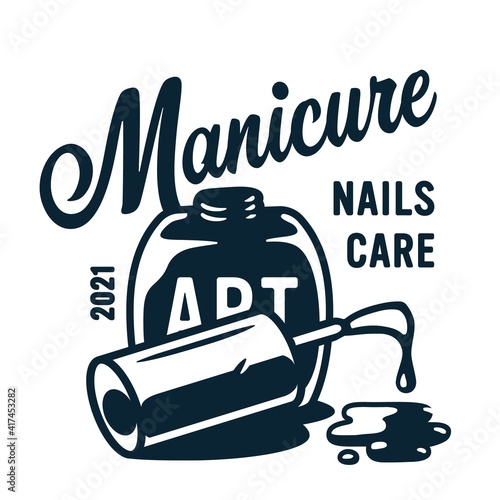 Manicure polish or varnish in bottle with brush for nail bar and beauty salon. Element for emblem fingernail studio or logo of manicurist service
