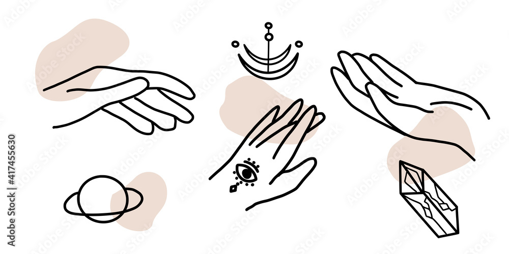 Set of woman hands, palm, esoteric symbols and signs Set of woman hands, palm, esoteric symbols and signs