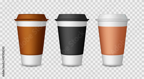Coffee cup. Paper and plastic mockup of mug with lid. Cup for tea in cafe. Take away hot coffee. Set of template for drink of latte, espresso, cappuccino in mug. Design of mock for restaurant. Vector
