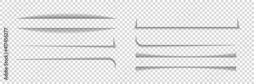 Divider shadow lines. Divider of paper with shadows. Box for web page. Banner with frame on transparent background. Design borders with effect for text. Set of graphic element for website. Vector