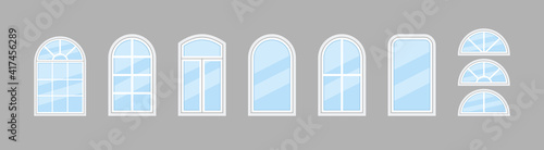 Glass window. Windows with frame and arch for house, office. Icon of double window for balcony. Hung glass for architecture or exterior. Plastic windowpane for building. Isolated icons. Vector