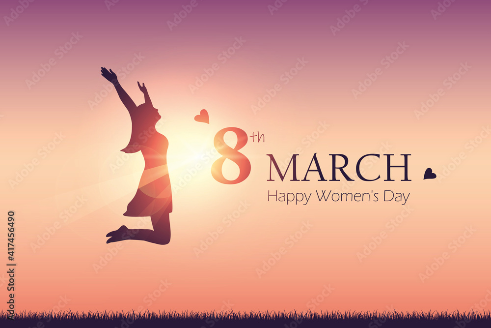 happy womens day 8th march girl with raised arms jumps at sunshine vector illustration EPS10