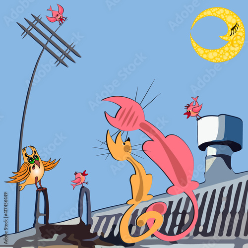 cats in love on the roof, March cats meow on the moon