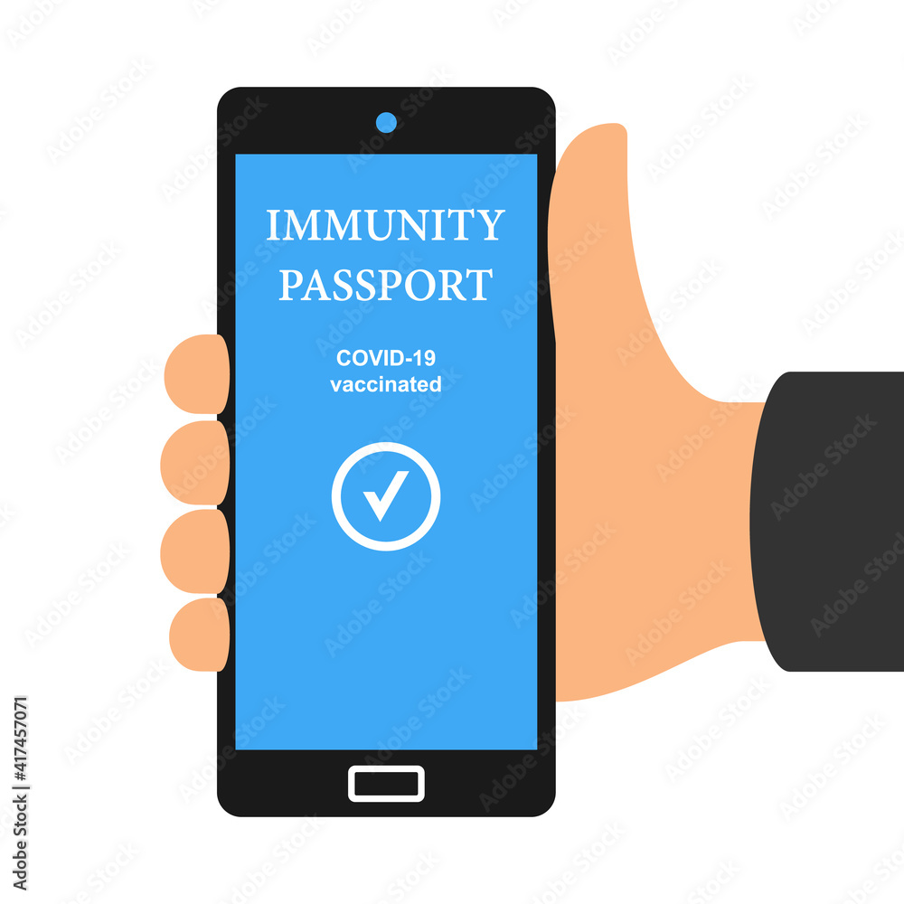 Hand holding immunity mobile passport flat vector illustration. Hand holding immunity mobile passport flat vector illustration.