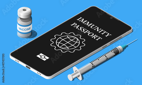 Immunity mobile passport, medical syringe with needle and vial isometric vector illustration.