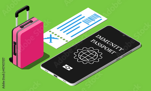 Safe travel by plane in a pandemic vector isometric concept. Vaccination certificate illustration.