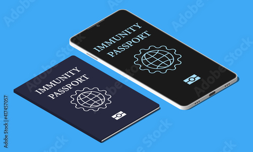 Set of immunity passport and mobile passport isometric vector illustration isolated on blue background.