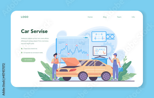 Car service web banner or landing page. People repair car