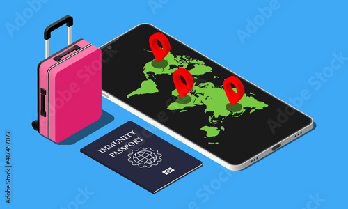 Safe travel in a pandemic vector isometric concept. Vaccination certificate illustration.