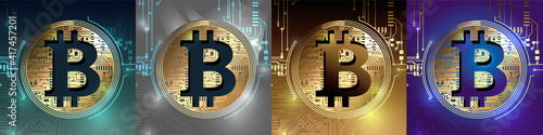 Set of bitcoin signs. Bitcoin digital cryptocurrency in circuit board style. Vector Illustration