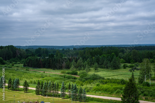 green meadow with storm clouds moving on