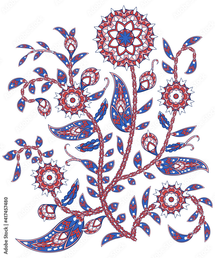 Naklejka Set of decorative fantasy flowers, leaves and branches inspired indian paisley culture. Floral embroidery in oriental style. Vector apparel ornament on white backround for fabric decoration.
