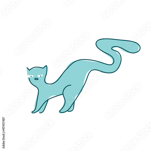 cat with a long tail, line art vector illustration of blue cat in childish style