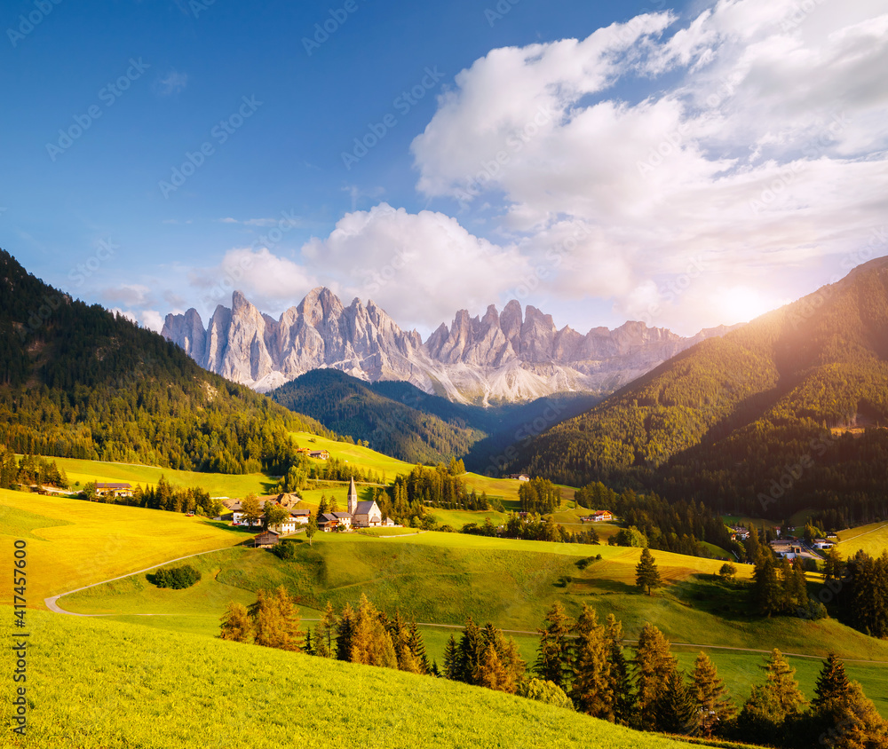 Splendid landscape in St. Magdalena. Location place Val di Funes (Villnob), Dolomite alps.