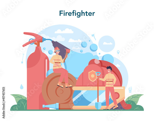 Fireman concept. Professional fire brigade firhting with flame
