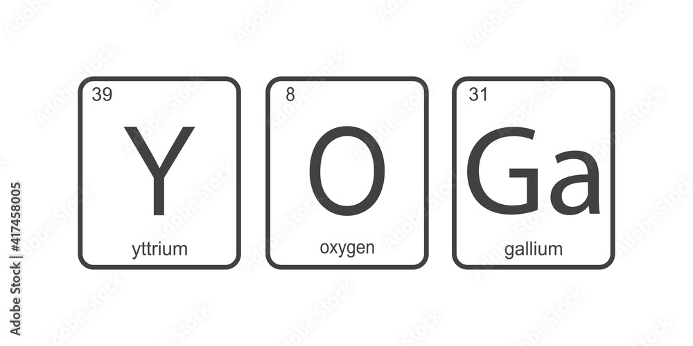 Chemical elements of the periodic table. Funny phrase - Yoga. Chemistry slogan. Text on white background. Sport banner concept