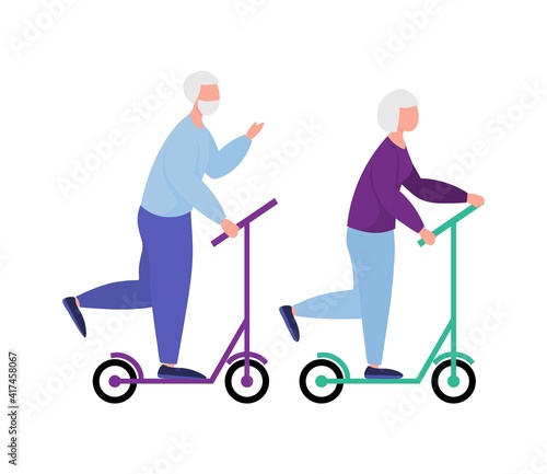Seniors ride scooters together. ride elderly man and elderly woman . retirees lead a healthy lifestyle. Recreation of the elderly. Vector illustration 