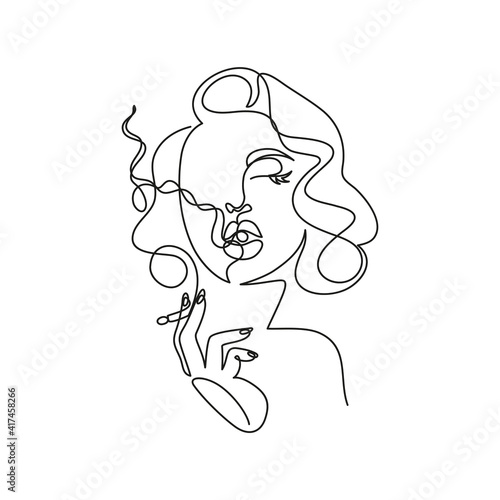 Beautiful sexy woman smokes and blows smoke from her mouth. Vector illustration, minimalism, abstraction, one continuous line, sketch. Postcard, poster, label, packaging, logo, symbol, icon, tattoo