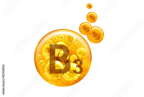  Vitamin B3 capsule. Golden balls with bubbles isolated on white background. Healthy lifestyle concept. photo