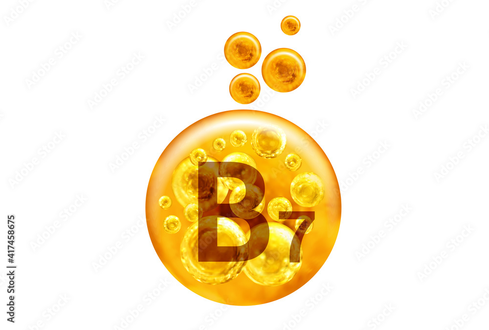 Vitamin B7 capsule. Golden balls with bubbles isolated on white background. Healthy lifestyle concept. Vitamin B7 capsule. Golden balls with bubbles isolated on white background. Healthy lifestyle concept.