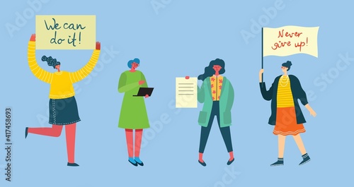 International women's day.Diverse international and interracial group of standing women. For girls power concept, feminine and feminism ideas. Vector illustration.