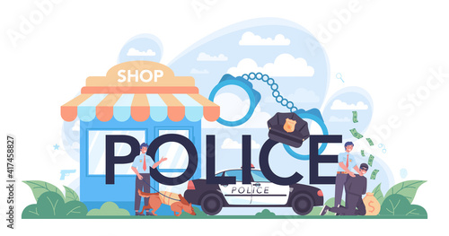Police typographic header. Detective making interrogation. Policeman patrol