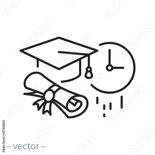 graduate time icon, education study hour, start learn university, clock and schedule, graduation on quarantine concept, diploma and cap, thin line symbol on white background - editable stroke vector