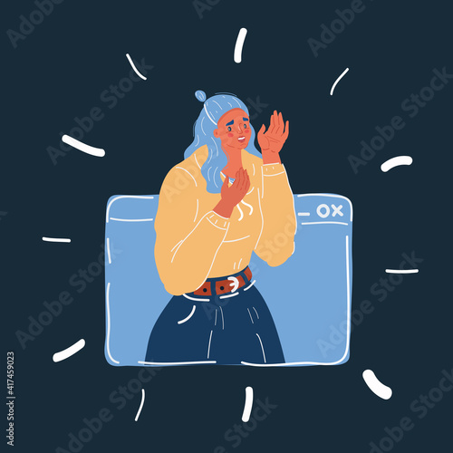 Vector illustration of online video chat app, internet talk, call technology. Video window with speaking woman on dark backround.