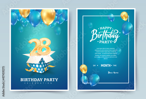 28 th years birthday vector invitation double card. Twenty eight years anniversary celebration brochure. Template of invitational for print on blue background