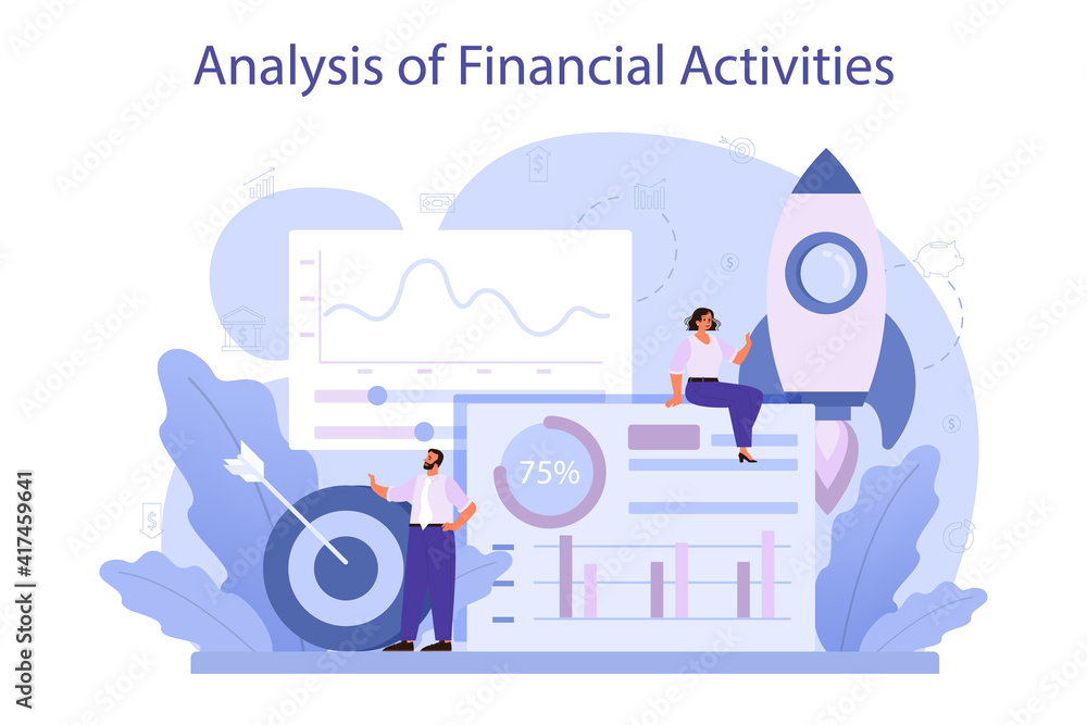 Analysis of financial activities. Business character reviewing company Analysis of financial activities. Business character reviewing company