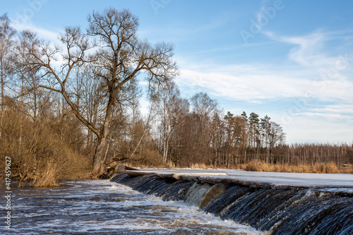 Spring scene with dam rich in water on a sunny day in March in Ropazi in Latvia photo