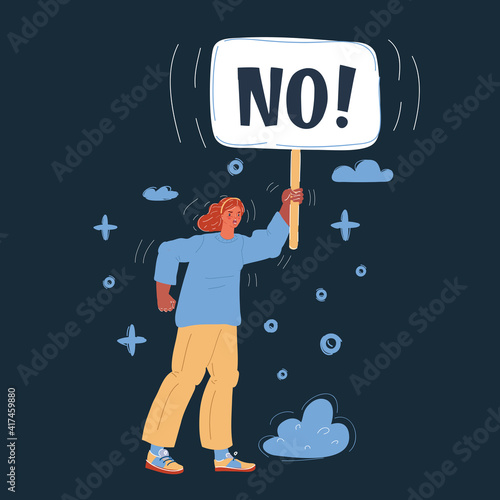 Vartoon illustration of woman standing with banner in her hand. No answer choice on dark backround. Outraged indignant rebellious character.