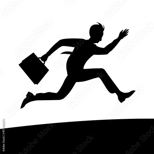 A young business man in a tie and with a briefcase in hand is in a hurry. Runs at high speed. Isolated black silhouette. Vector cartoon illustration.