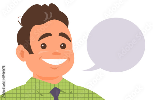 Smiling cartoon young business consultant giving speech. Place for text. Vector illustration isolated on white background.