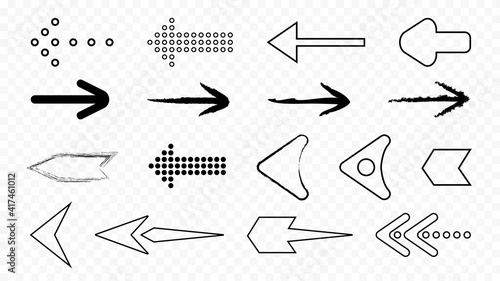 Contour and pixel black arrows isolated icons. Techno futuristic pointers from filled and empty geometric squares various shapes and vector directions.