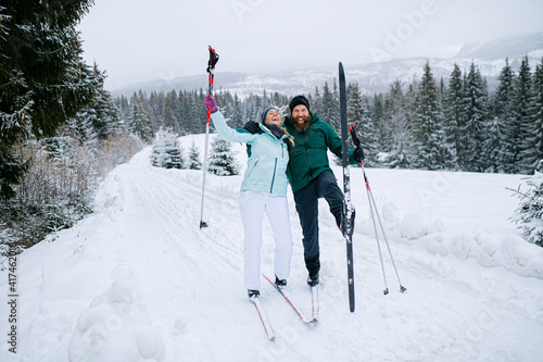 Quadro em tela Mature couple cross country skiing outdoors in winter nature, Tatra mountains Slovakia