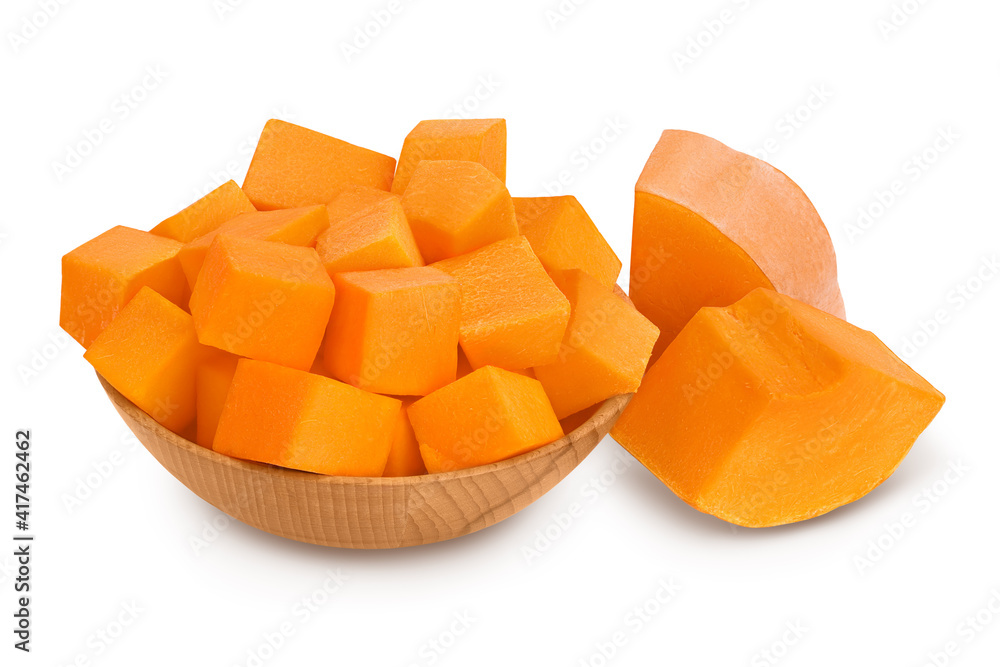 butternut squash diced in wooden bowl isolated on white background with clipping path and full depth of field butternut squash diced in wooden bowl isolated on white background with clipping path and full depth of field