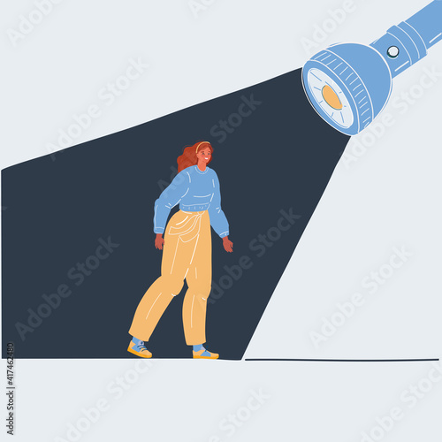 Vector illustration of woman suffered a setback stand in dark ray. Unhappy, rough patch, dark place concept