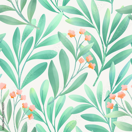 Watercolor seamless floral pattern. Botanical modern background with leaves. Hand-drawn illustration for fabric, textile, wallpaper, print design.