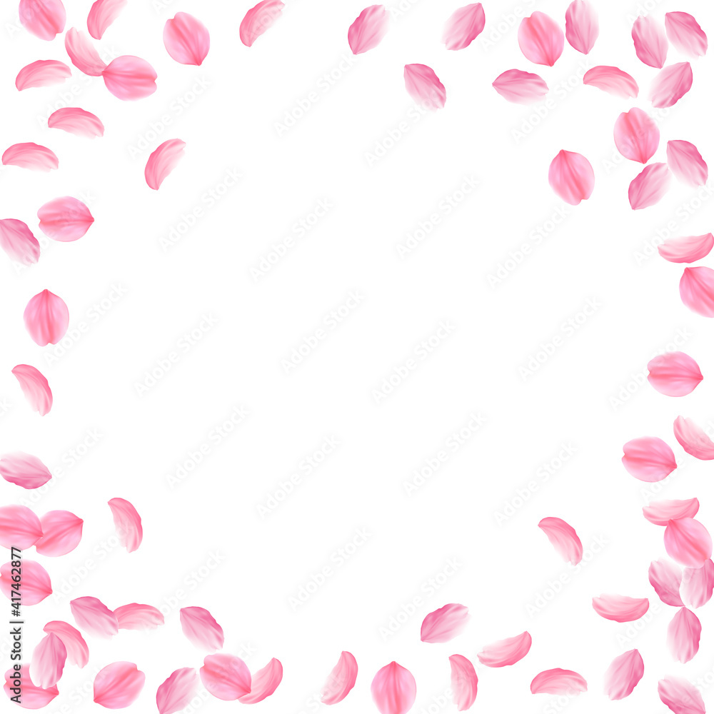 Sakura petals falling down. Romantic pink silky medium flowers. Sparse flying cherry petals. Circle