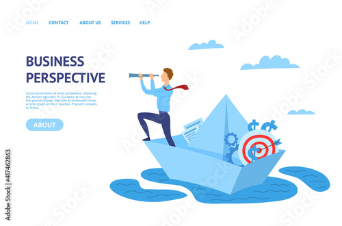 Businessman on Paper Boat Concept Card Landing Web Page Template. Vector