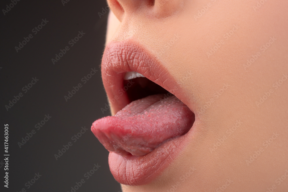Sexy open mouth with tongue. Sensual red lips. Passion kiss. Oral sex.  Stock Photo | Adobe Stock