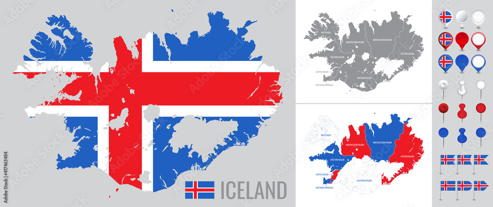 Iceland vector map with flag, globe and icons on white background