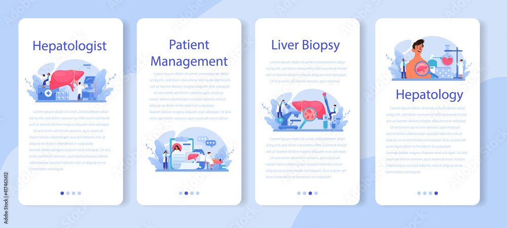 Hepatologist mobile application banner set. Doctor make liver examination