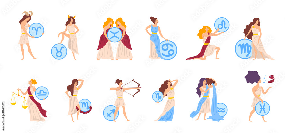 Cartoon Color Characters People and Zodiac Signs Set Concept. Vector