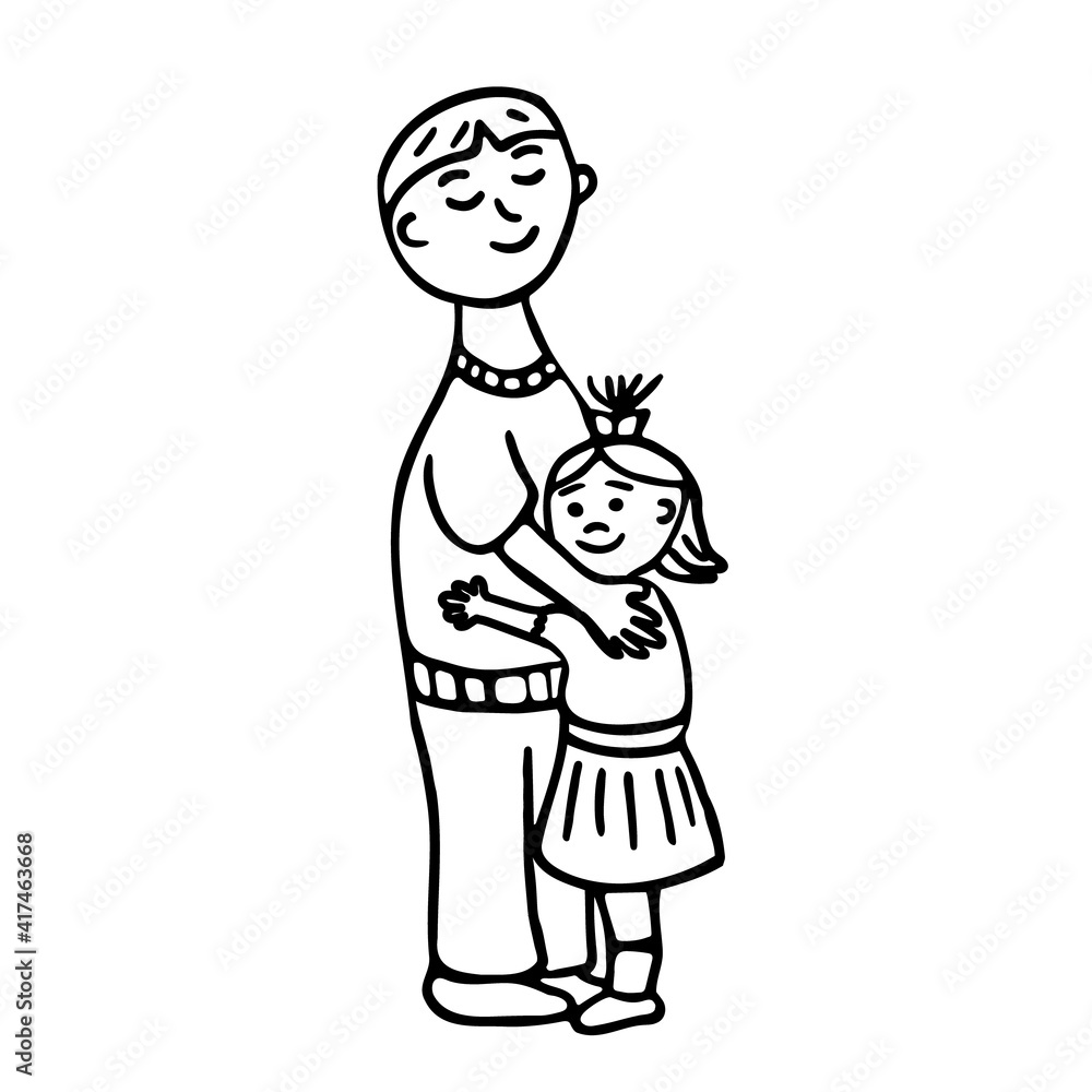 Father and daughter. Black isolated on white background. Doodle for cards, posters, stickers and designs in cute childish style. Hand drawn vector illustration. Father and daughter. Black isolated on white background. Doodle for cards, posters, stickers and designs in cute childish style. Hand drawn vector illustration.