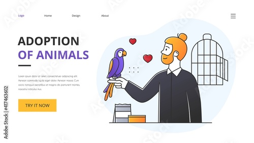 Adoption of shelter animals concept with modern young man with parrot on his arm and text in a website template with copyspace, colored vector illustration. Website, web page, landing page template