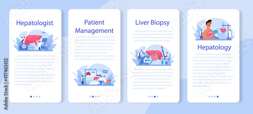 Hepatologist mobile application banner set. Doctor make liver examination